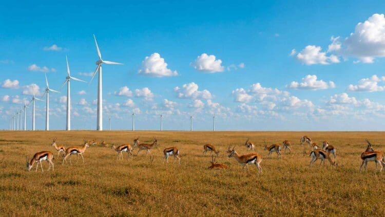 antelope graxing near wind turbines