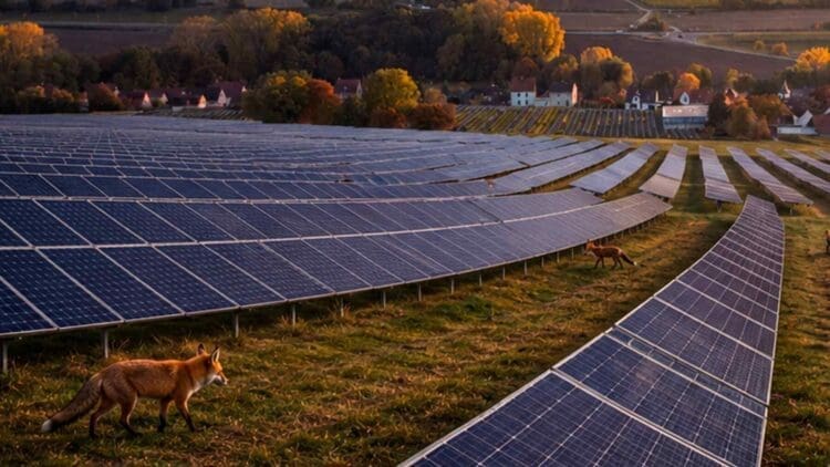 foxes walking around solar panels