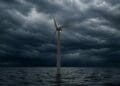 storm building around offshore wind turbine