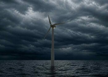 storm building around offshore wind turbine