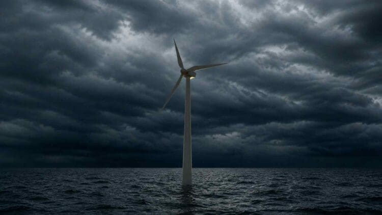 storm building around offshore wind turbine