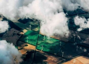 wind farm turbines observed from sky