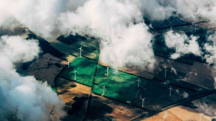wind farm turbines observed from sky