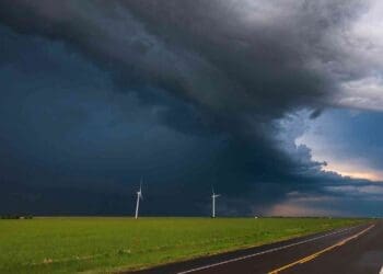 storm approaching a wind farm