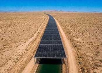 water canal covered with solar panels
