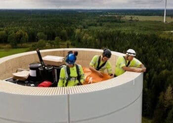 giant wood wind turbine under construction
