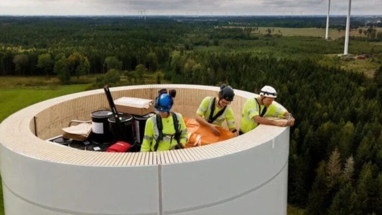 giant wood wind turbine under construction