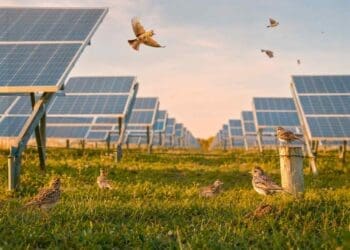 birds flying above solar panels