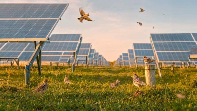 We thought solar plants were bad for birds until one site turned into a refuge for larks, with dozens of families now raising chicks beneath the panels 1 birds flying above solar panels