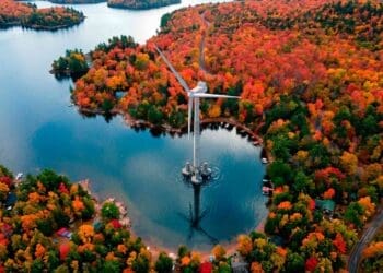 wind turbine on a lake