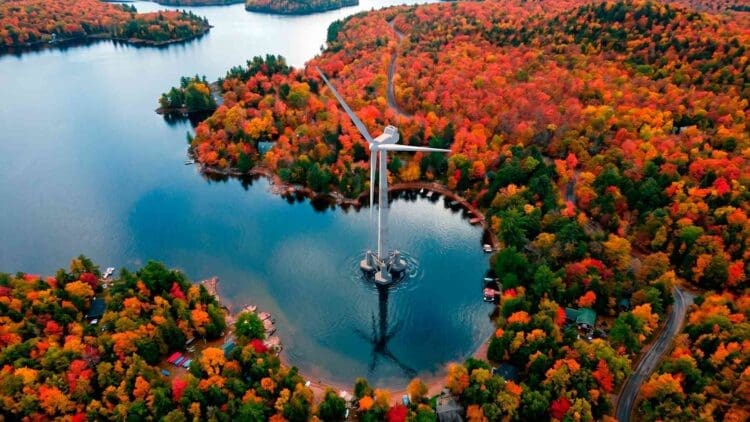 wind turbine on a lake