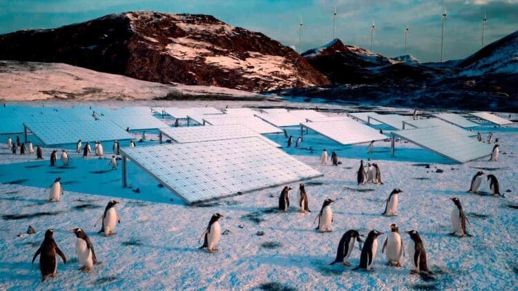 pemguins moving around solar power plant