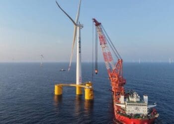 offshore wind turbine being installed