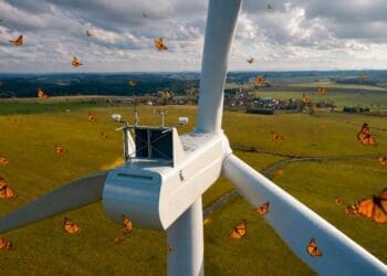 In California, a small group of monarch butterflies brought construction of a wind farm to a halt over the risk of collisions with the turbines 2 monarch butterflies flying around at wind farm
