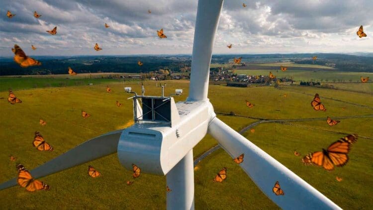 In California, a small group of monarch butterflies brought construction of a wind farm to a halt over the risk of collisions with the turbines 1 monarch butterflies flying around at wind farm