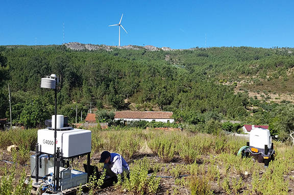 Professor Rebecca J. Barthelmie (and team), working with remote sensing Doppler lidars, during an international field experiment on flow in complex terrain in Portugal. Photo courtesy Sara C. Pryor.
