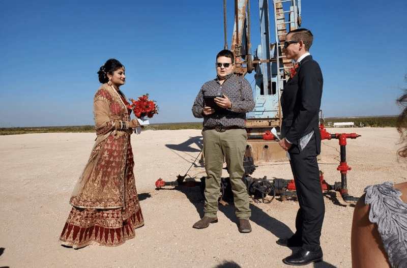 Who says there was nothing to celebrate in 2020? On October 17, 2020, Yogashri Pradhan, senior reservoir engineer with Endeavor Energy, and Ryan Yarger were married by Dawson Hoover in Midland, Texas, on-site at the Tex Harvey Spraberry 941H. Two months later, on December 11, 2020, Pradhan graduated from Texas A&M with a Master of Science – Petroleum Engineering. Congratulations! Photo courtesy of Deanna Racca.