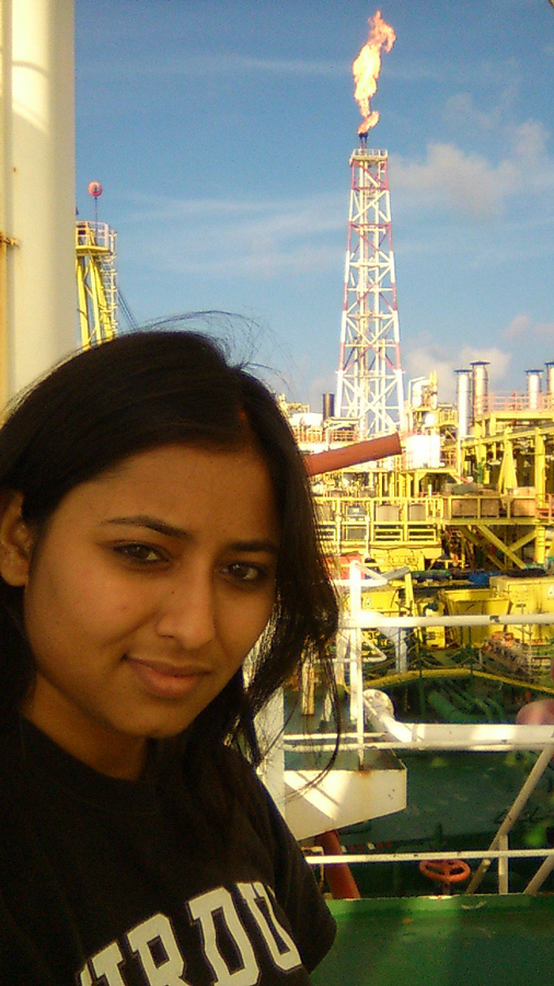 Richa Bansal in the Federal Territory of Labuan on a rig in the South China Sea, Malaysia (early 2012).