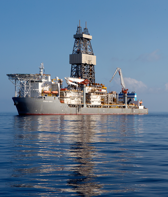 Drillship DS3 (operated by ENSCO when the photo was taken). Currently owned by Valaris and was drilling in the Gulf of Mexico.
