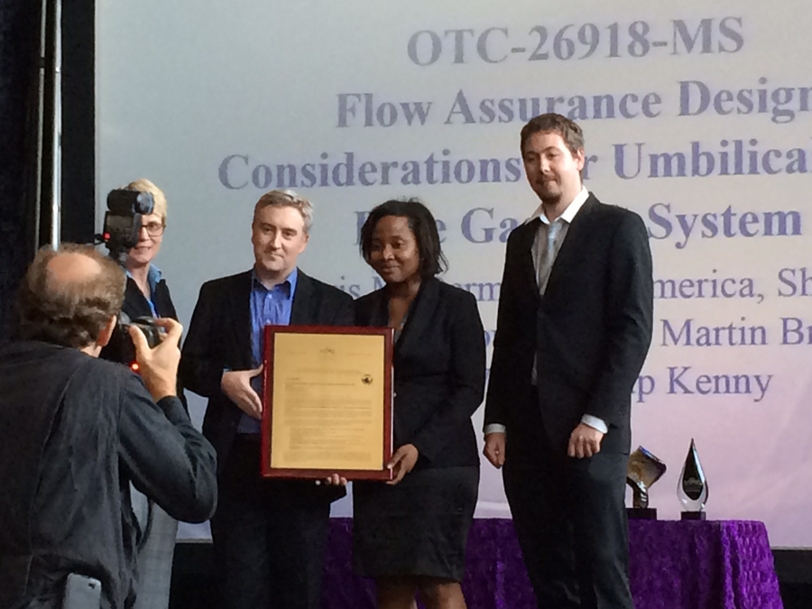 L to R: Coauthors Chris Mcdermott (bp), Shirley Ike (Wood Plc), and Martin Braniff (Wood Plc), accepting the award for the ASME Arthur Lubinski Best ASME Paper at OTC 2016.