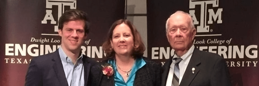 Janeen Judah becomes the second woman to be named a Distinguished Alumni of Texas A&M College of Engineering (March 2015). Shown with her nephew (L) and father (R).