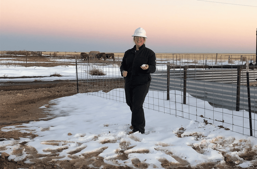 Visiting a new well site, as asset manager for Jones Energy’s Anadarko Basin assets – and seeing snow for the first time in years – in Perryton, Texas, in 2018. Photos courtesy of Tracy Lenz.