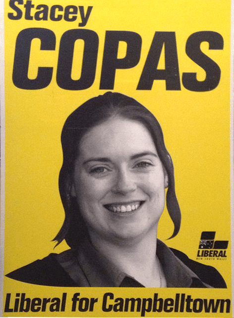 Stacey Copas today (left) and on the poster for her political campaign some years ago (above).