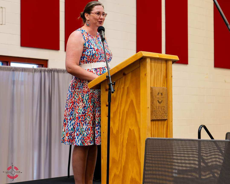 Salina Derichsweiler speaking at the August 2023 Navajo Technical University grant award ceremony. Photo courtesy of Salina Derichsweiler.