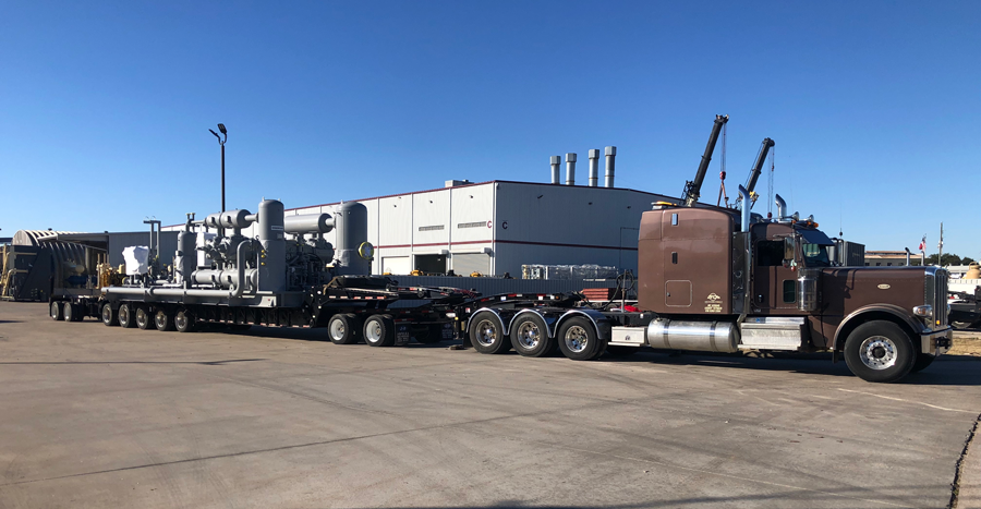 A compressor skid – which can vary in size and weight from as little as 110,000 lbs. to well over 250,000 lbs. – heading to West Texas.