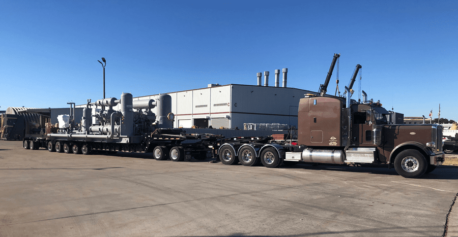 A compressor skid – which can vary in size and weight from as little as 110,000 lbs. to well over 250,000 lbs. – heading to West Texas.