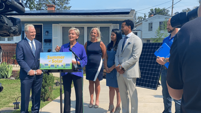 SEIA CEO Abby Hopper and team join Secretary of Energy Jennifer Granholm and Sen. Van Hollen (D-MD, far left) to launch SolarAPP+ and discuss clean energy infrastructure (October 2021). Photo courtesy of SEIA.