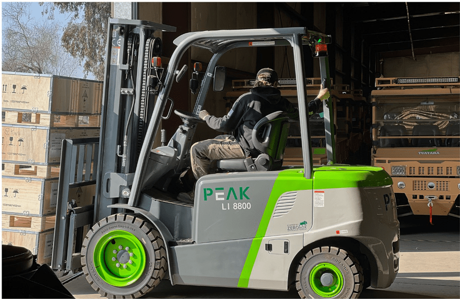 PEAK forklift with standard Lithium-Iron battery powered by ZeroNox.