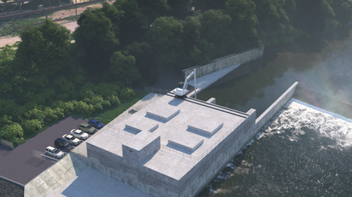 A rendering of the Allegheny Lock and Dam #2 project to electrify a dam near Highland Park Bridge in Pittsburgh. Photo illustration by Rye Development.