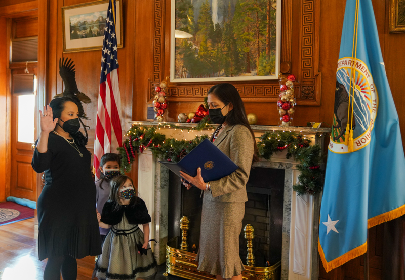Maria Camille Calimlim Touton was sworn in as the commissioner of the Bureau of Reclamation by Secretary of the Interior Deb Haaland on December 15, 2021, becoming the first Filipino American to serve in a leadership role at the DOI. In her capacity overseeing the Bureau of Reclamation, Touton will help manage the Bipartisan Infrastructure Law’s $8.3 billion investments in drought and water resiliency, including funding for water efficiency and recycling programs, rural water projects, WaterSMART grants and dam safety to ensure that irrigators, Tribes, and adjoining communities receive adequate assistance and support. Photo courtesy of the U.S. Dept. of the Interior (DOI).