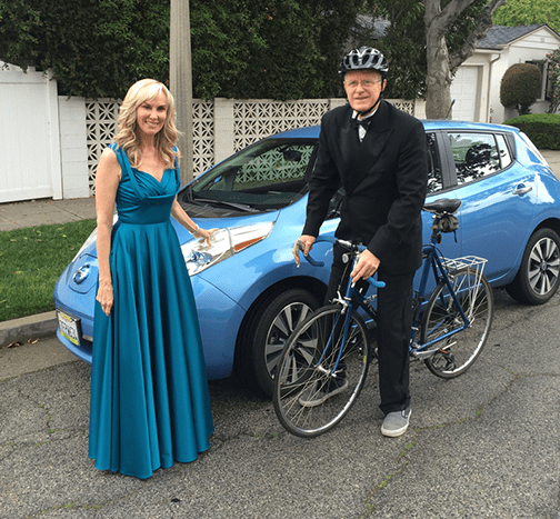 Black tie cycling: Ed Begley and his wife, Rachelle Carson Begley, on their way to the Oscars.