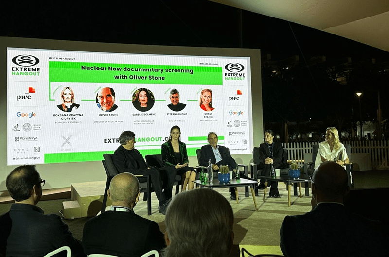 Stanke participating on the EXTREME Hangout panel with film director Oliver Stone (Nuclear Now) and others at COP28 in Dubai, United Arab Emirates (December 2023).