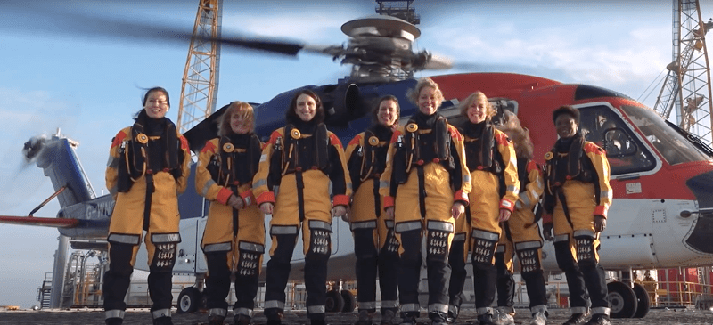 Hedda Felin (front center) leads an all-female team of helicopter pilots and engineers offshore to the Mariner oil field in celebration of International Women’s Day 2019.