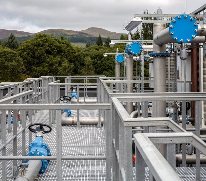 Supercomputing facility chilled Water distribution pipework connected to roof mounted cooling towers