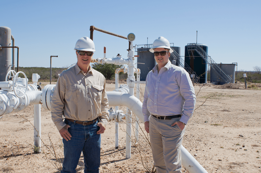 Managing Partner of Killam Companies, David Killam (L), and son, Cliffe Killam, inspecting a well site in South Texas. Photo courtesy of Mariajose Velasquez.